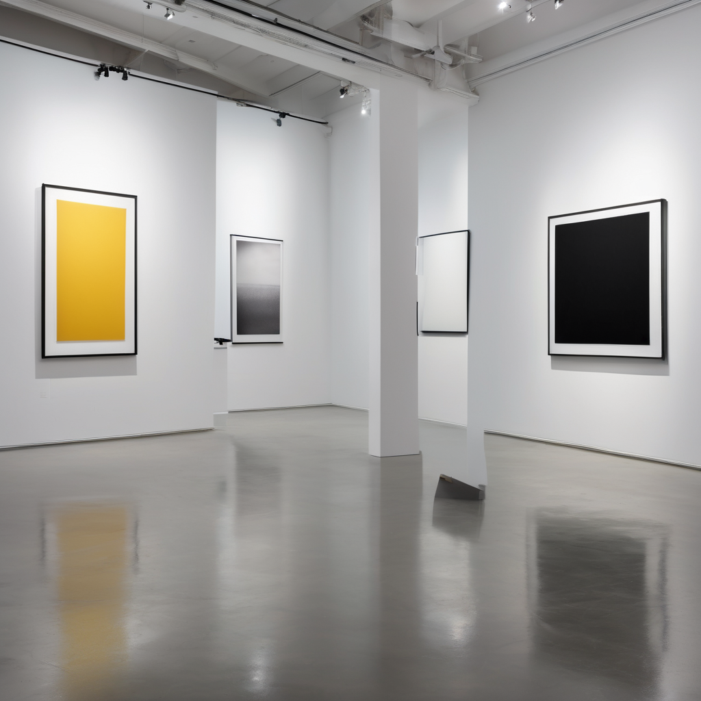 Modern gallery space with finished creative works displayed on white walls with professional lighting