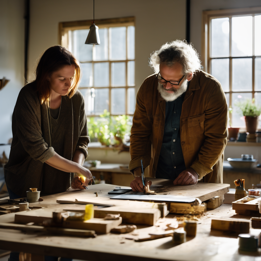 Two artists collaborating at a shared workbench examining work in progress