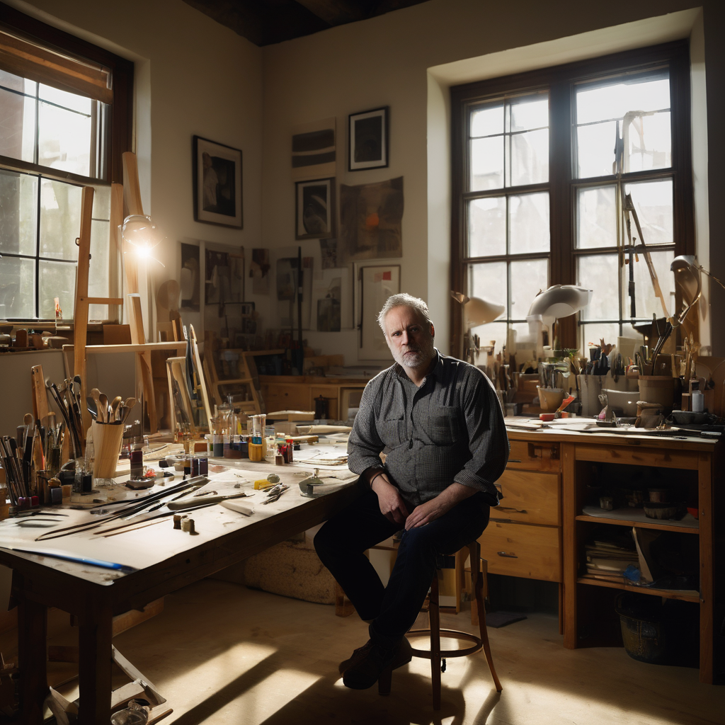 Portrait of a thoughtful artist in creative studio surrounded by works in progress and tools