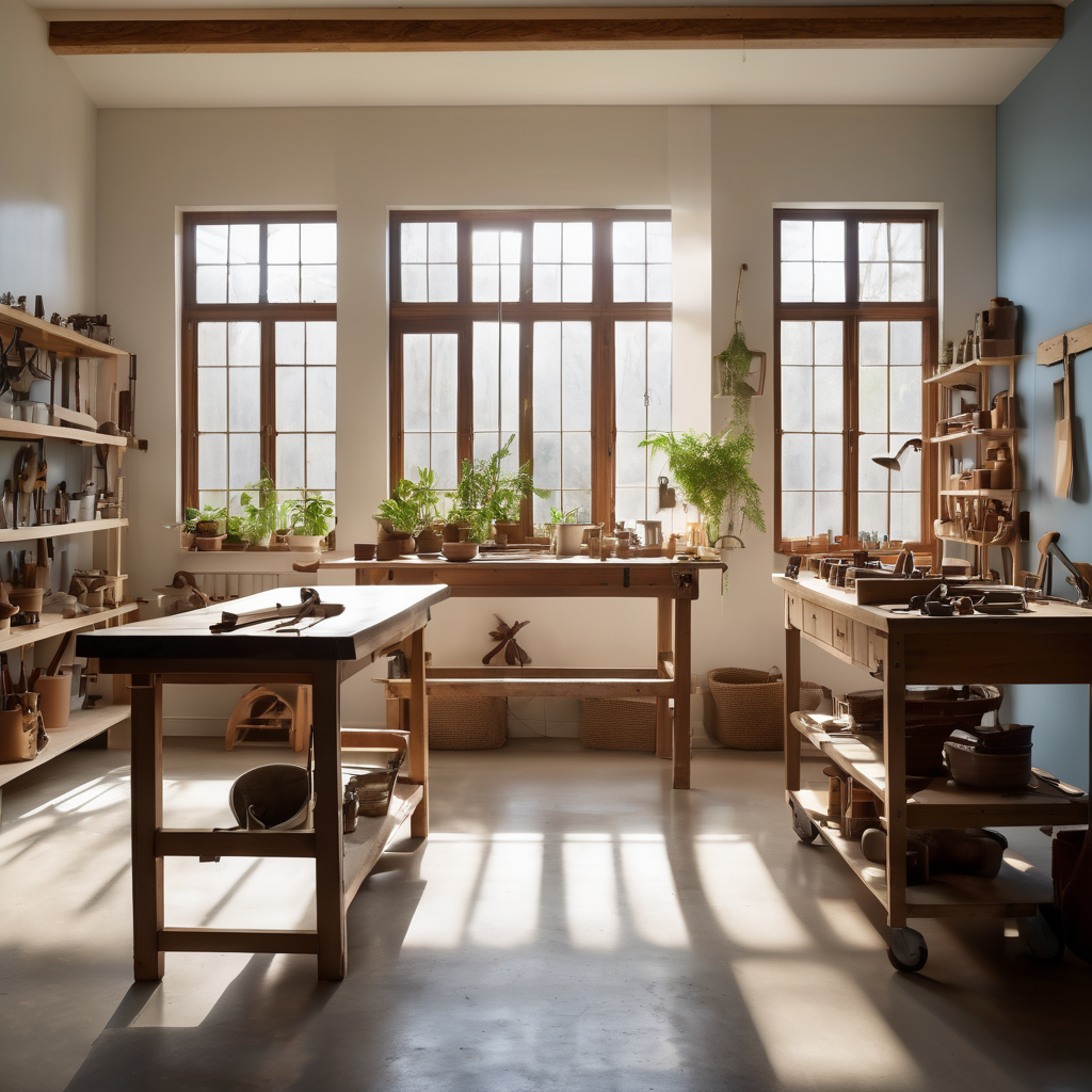 Clean, sunlit studio workspace with wooden workbenches and natural light