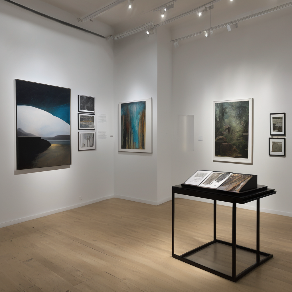 Curated exhibition display of finished creative pieces in a gallery setting