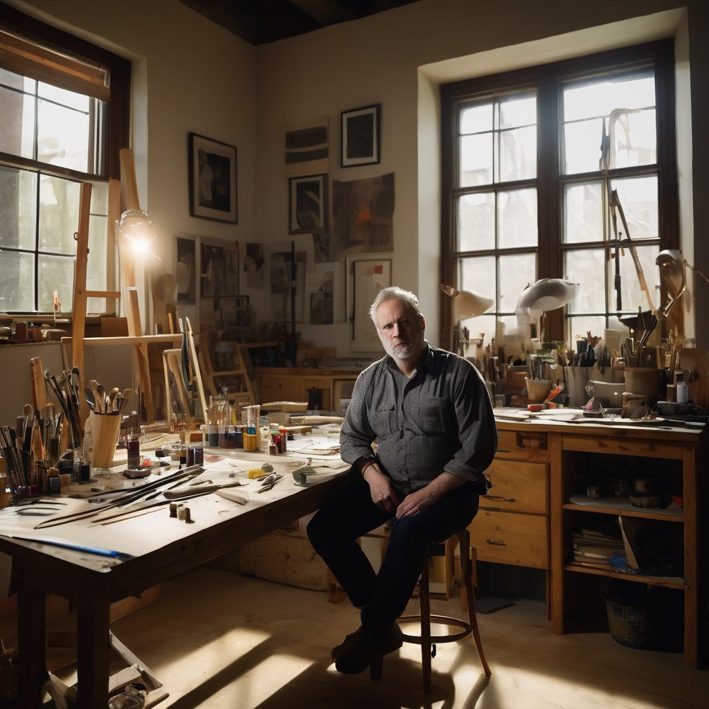 Portrait of a thoughtful artist in creative studio surrounded by works in progress and tools